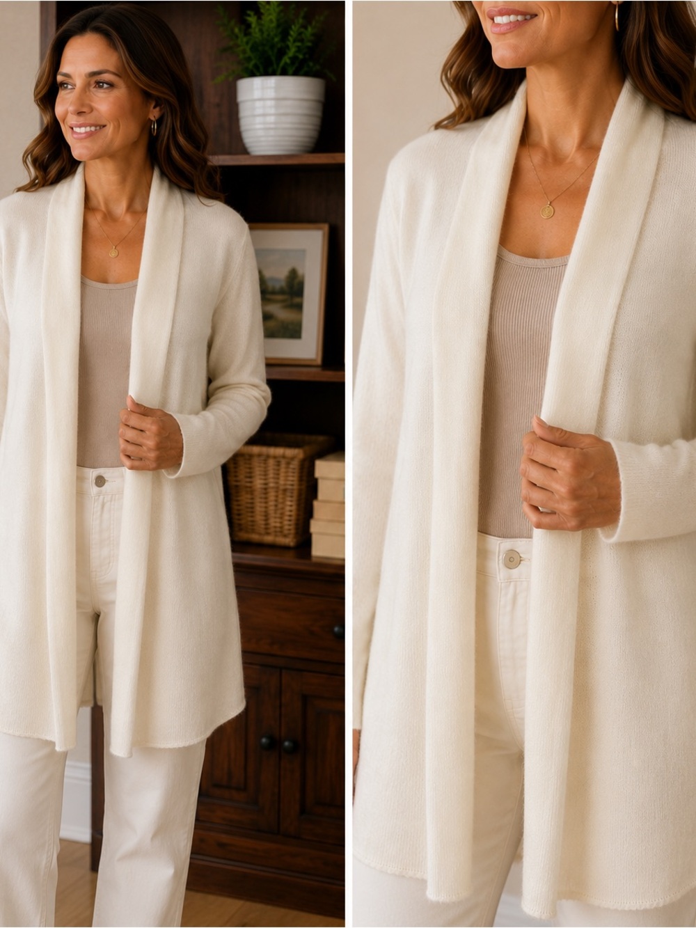 Tela 100% Italian Cashmere Ivory Open Cardigan Sweater Size XL Soft Knit